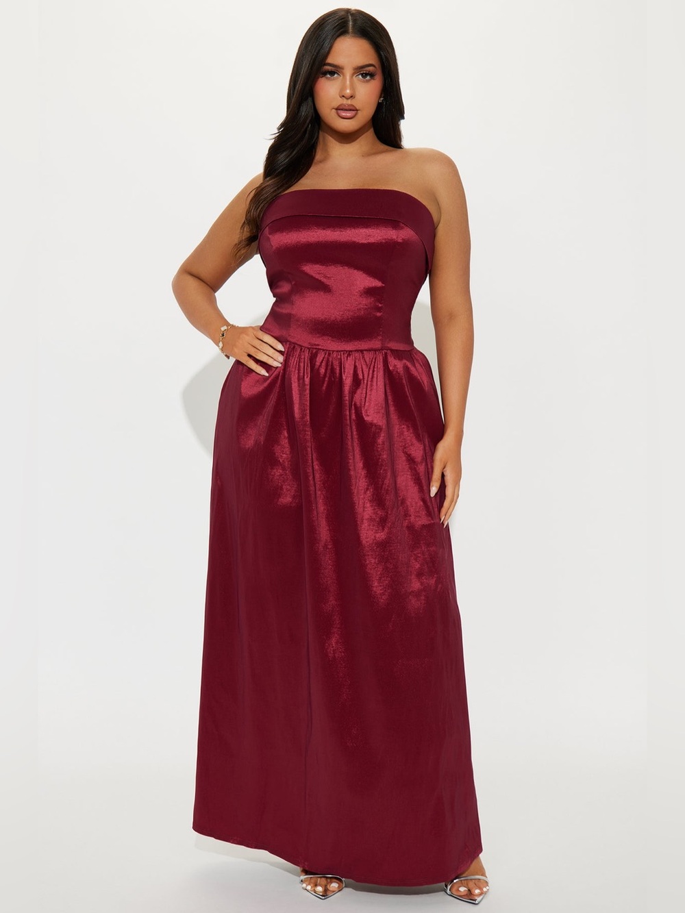 BLACK TIE Formal Evening Strapless Satin Maxi Dress in Burgundy